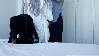 Stunning big booty blonde is turned on by her boyfriend while packing