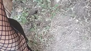 small dick and pretty dress latina femboy peeing outdoors