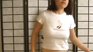 Big natural boob Asian babe tit fucking and gives a footjob to his small cock