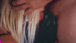 Hot Blonde in Latex Gloves Sucks Pulsating Cock and Swallows Cum