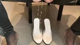 Cum and Piss on White High Heel Mules