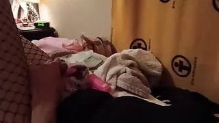 sexy femboy in fishnets rides her dildo