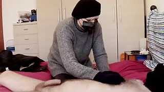 Wife came home and teased her husband to hands free ruined orgasm with her wool gloves