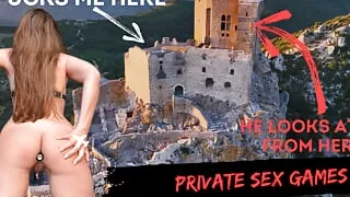 Risky fuck in public. Plug in the ass. He fucks me in a castle in public. A man watches us...