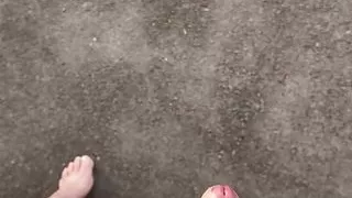 Exhib completely naked in front of many cars with cum