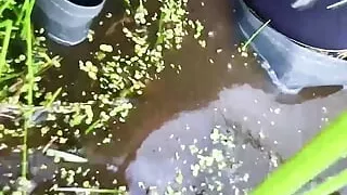 Wetlook adventure at swamp lake wearing hunter boots black leggings and sport dress.