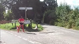 Flashing out and about Red Stockings and Lingerie