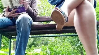 Curvy milf in pantyhose peeing next to me in the park, view from below