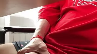 Jerk uncut penis while work meeting