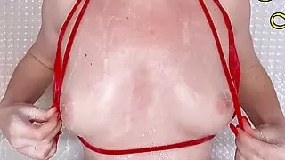 Beautiful Breasts, I Smeared My Breasts with Foam and Am Playing with My Nipples