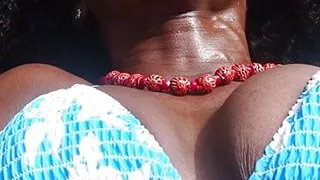 Black milf gets her pussy eaten and fucked at the pool by old man