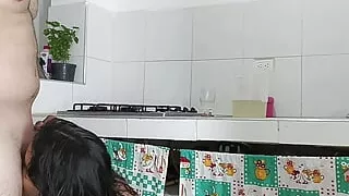 Cheating wife fucks with lover in the kitchen cuckold husband