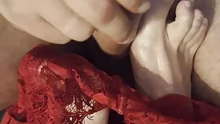My neighbor's slut masturbates me with her feet and lingerie and fills her with cum