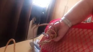 He Tugs on My Anal Hook While I Suck His Hard Cock in My Red Body