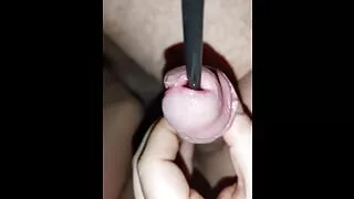 Playing with a Dilator, Stretching His Cock. Cumshot in Her Pussy