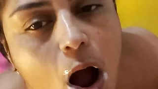 Indian Brunette Stepmother Sucks My Cock Deep Until Her Mouth Is Full of Milk