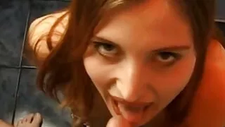 She's fucking a big banana before sucking on his small cock