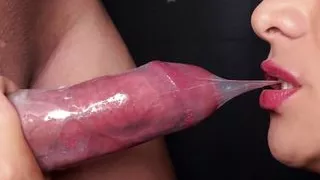 CLOSE UP: Horny Condom Blowjob! She Broke The Condom And Got The Cum In Her Mouth