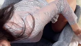 Hottest Petite Brunette Art Teacher ignores a Big Cock Guy but teases him for a handjob but not for an orgasm