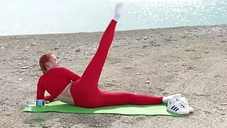 Doing Yoga Stretching Nerby Beautiful Lake