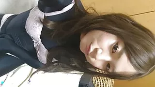 A man's step daughter masturbates with a full-body tights under her uniform