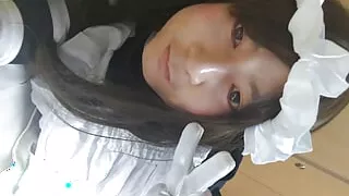 A man's step daughter maid takes off her maid clothes and masturbates in full-body tights