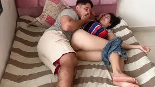 Stepbrother cums while reaching for the shaved pussy of a young Indian girl