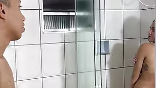 Brunette with Big Breasts Making the Guy Happy