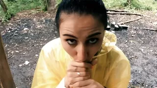 Black Lynn in a yellow raincoat sucks me outdoors in the rain