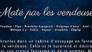 French audio porn   Caught in the middle of a handjob, the saleswomen fuck you in the fitting room