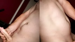 Curved cock deep in tight black toy!  Massive cumshot!