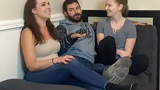 Heavily tattooed guy won the game and gets a double blowjob