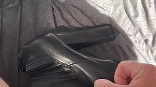 Cum on a black high heel boot