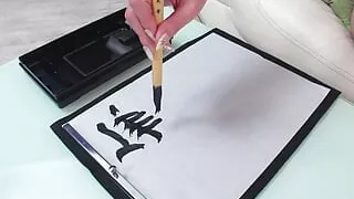 Japanese girl Renka Shimizu handjob and rubs her leg on a guy's dick while writing, uncensored.