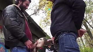 Petite brunette double pounded in the park