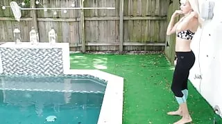 Yoga chick Sveera stretches outside and then loses her yoga