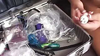 First a Skinny Blonde Plays with a Sex Toy and Then She Gets Creampied