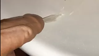 Huge cock pervert sprays piss and cum in SISTERS sink.