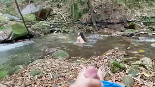 My shy stepsister bathes in the river, while she watches her I masturbate until I end up fucking her delicious ass