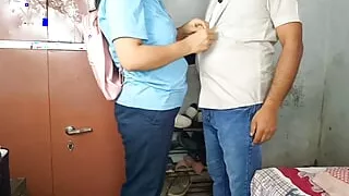 College girl fucks her boyfriend secretly in her house for the first time, tight pussy hurts a lot