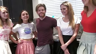 A pool party with four hot girls and one lucky winner guy