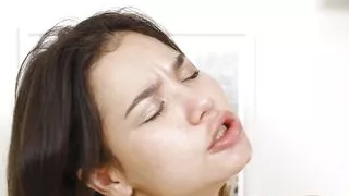 Solo brunette girl Marika Sherman is masturbating wet pussy on the chair in 4K.