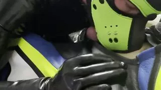 leather biker, play with his latex pup