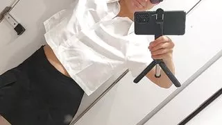 Sexy STEPmom trying on clothes in the locker room. Hairy pussy, big nipples, cute little tits