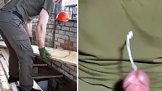 Builder jerks off hot dick after work! Big load of cum!