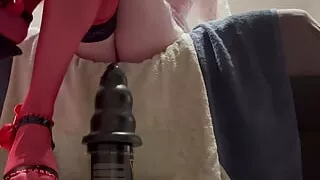 Melinda James riding big black Pflugs in red holdups