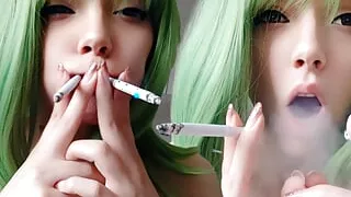 Cute Green Hair Egirl smoking 2 cigarettes at the same time (ask me for full vid)