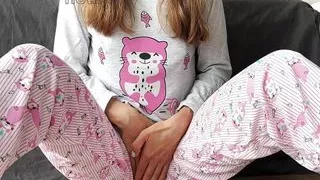 skinny babe in pajama masturbate small tits fingering pussy closeup and squirt orgasm