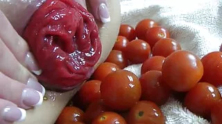 Hotkinkyjo Anal Prolapse and Vegetable Play with Small Tomatos, Lots of Small Tomatos.