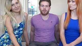 A threesome strip darts with two lovely skinny babes and a lucky guy